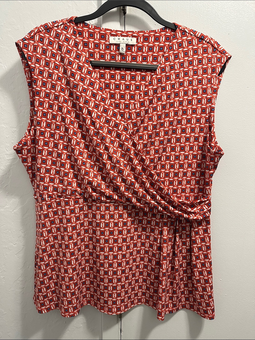 Chaus Red Geometric Faux-Wrap Sleeveless Top